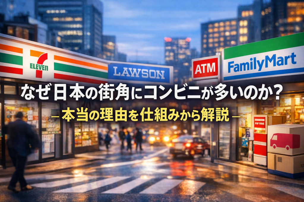 日本の街角に並ぶコンビニの看板と夜の街並みを背景に「なぜ日本の街角にコンビニが多いのか？本当の理由を仕組みから解説」と中央に文字が入ったアイキャッチ画像