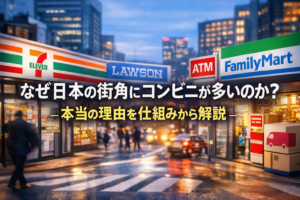 日本の街角に並ぶコンビニの看板と夜の街並みを背景に「なぜ日本の街角にコンビニが多いのか？本当の理由を仕組みから解説」と中央に文字が入ったアイキャッチ画像