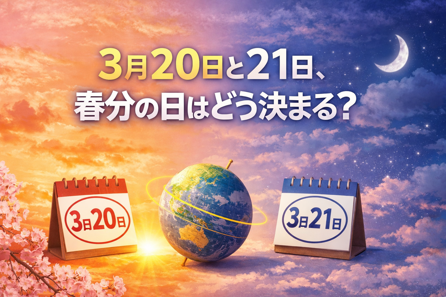 春分の日が3月20日と21日で変わる理由をイメージした春の空とカレンダーのイラスト
