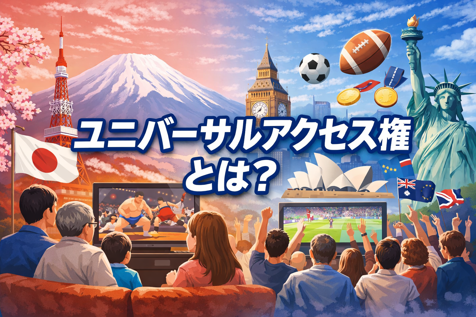 ユニバーサルアクセス権とは何かを、日本と海外のスポーツ中継の違いをイメージして表現したアイキャッチ画像
