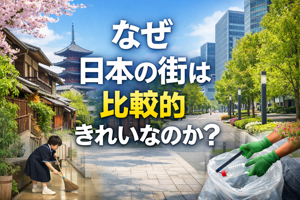 日本の伝統的な街並みと現代的な都市風景を背景に、日本の街が比較的きれいに保たれている理由をイメージしたアイキャッチ画像