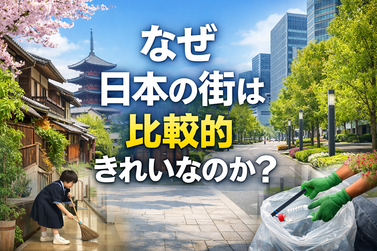 日本の伝統的な街並みと現代的な都市風景を背景に、日本の街が比較的きれいに保たれている理由をイメージしたアイキャッチ画像