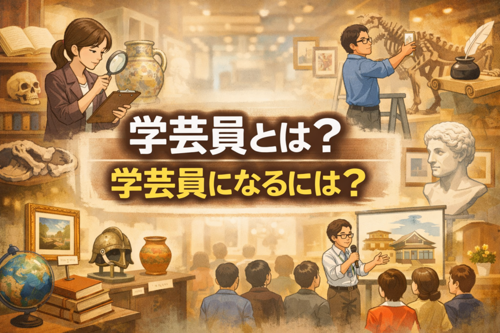学芸員の仕事内容や学芸員になる方法をテーマに、博物館の展示資料や解説風景を背景として描いた横長のアイキャッチ画像
