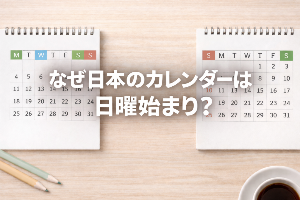 日本のカレンダーが日曜始まりである理由を解説する記事のアイキャッチ画像。月曜始まりと日曜始まりのカレンダーを並べたデザイン。