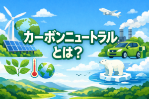 カーボンニュートラルとは何かを、地球や再生可能エネルギーのイメージで表現した横長アイキャッチ画像