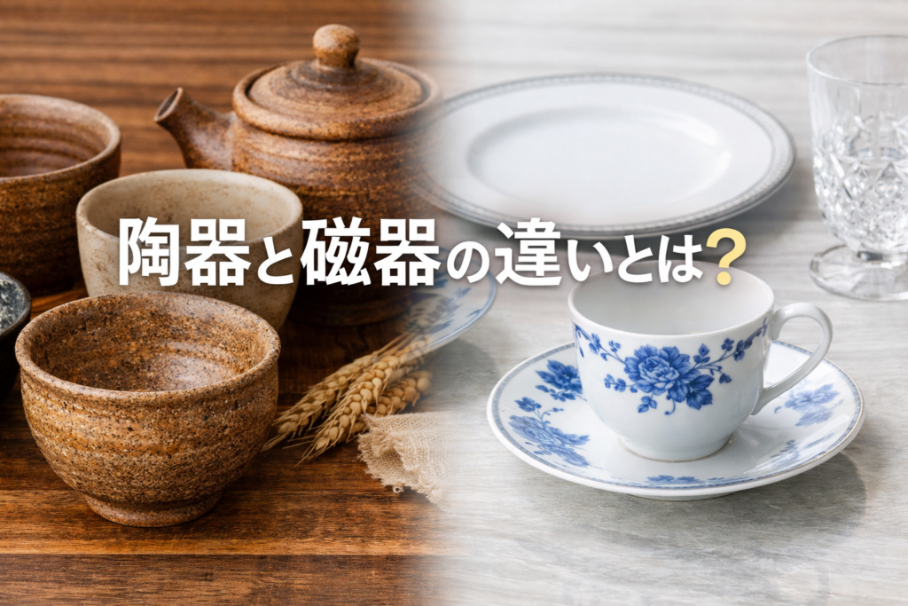 陶器と磁器の違いを比較するイメージで、左に温かみのある陶器、右に白くなめらかな磁器を配置した横長のアイキャッチ画像