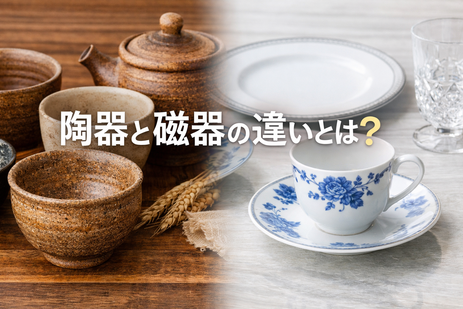 陶器と磁器の違いを比較するイメージで、左に温かみのある陶器、右に白くなめらかな磁器を配置した横長のアイキャッチ画像