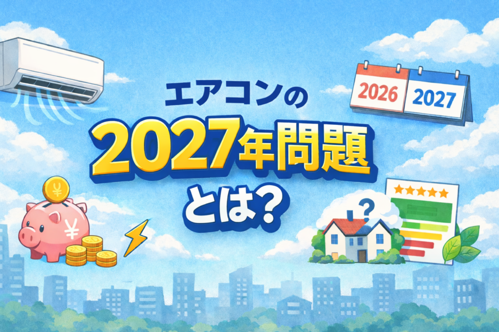 エアコンの2027年問題をテーマに、壁掛けエアコン、2026年と2027年のカレンダー、省エネラベル、家や電気代のイメージを背景に配置した横長のアイキャッチ画像。