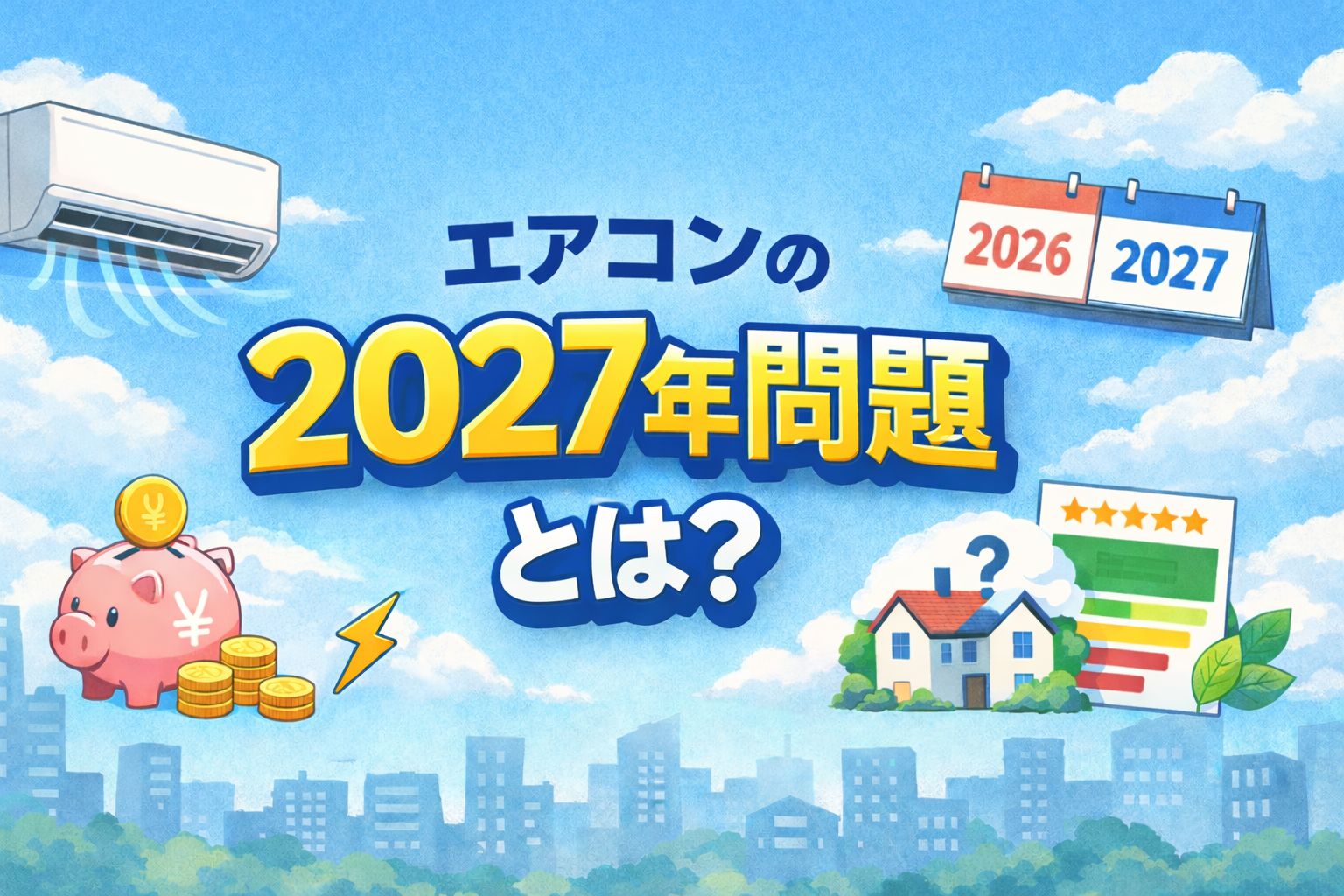 エアコンの2027年問題をテーマに、壁掛けエアコン、2026年と2027年のカレンダー、省エネラベル、家や電気代のイメージを背景に配置した横長のアイキャッチ画像。
