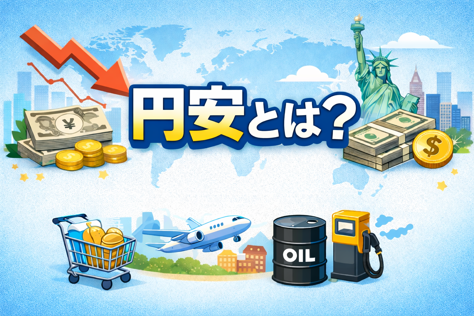円安とは何かを解説するイメージ画像。円の価値低下と物価上昇の関係を表現