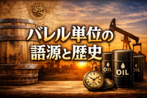 バレル単位の語源と歴史をイメージしたアイキャッチ画像。木の樽、原油ドラム缶、油田のポンプ、夕焼けの背景とともに中央に「バレル単位の語源と歴史」の文字を配置した横長バナー。