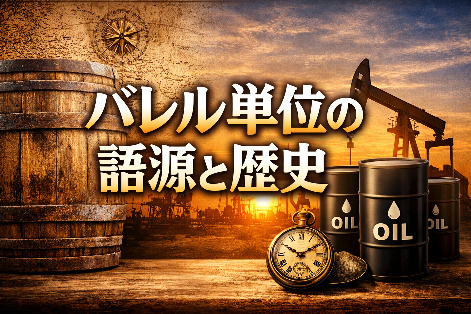 バレル単位の語源と歴史をイメージしたアイキャッチ画像。木の樽、原油ドラム缶、油田のポンプ、夕焼けの背景とともに中央に「バレル単位の語源と歴史」の文字を配置した横長バナー。