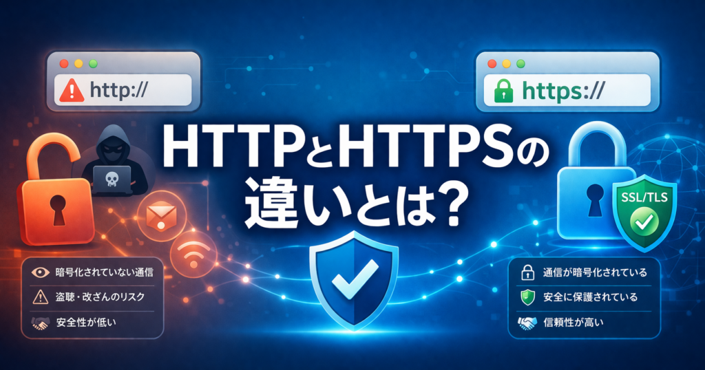 HTTPとHTTPSの違いをイメージした横長のアイキャッチ画像。