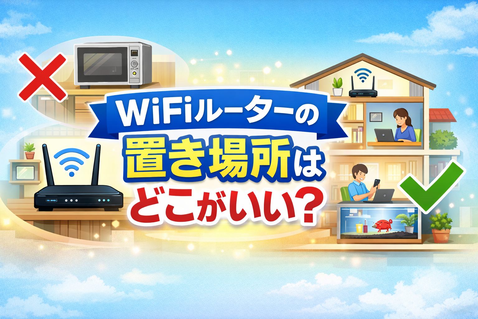 WiFiルーターの置き場所について解説するアイキャッチ画像。