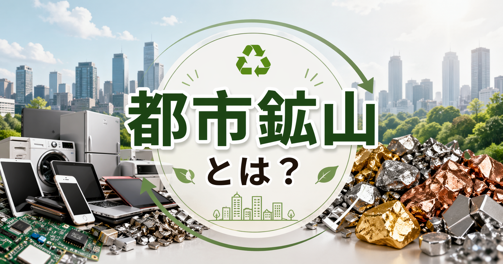 都市鉱山をテーマに、スマートフォン・家電・電子基板・金属資源と都市風景を背景に配置し、中央に「都市鉱山とは？」と表示した横長アイキャッチ画像