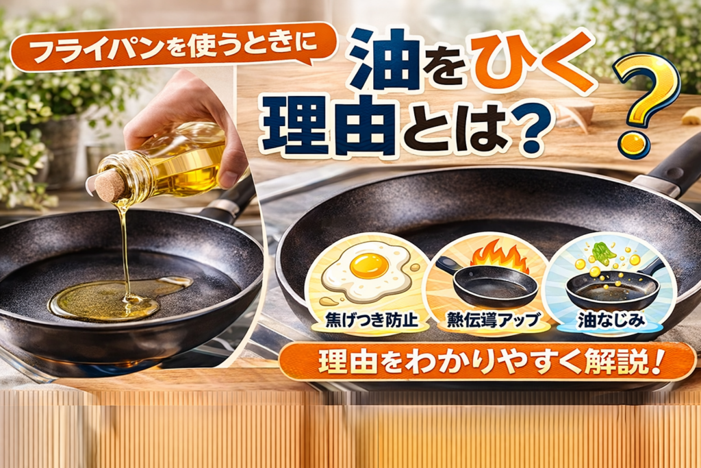 フライパンに油をひく理由や役割をわかりやすく解説するアイキャッチ画像