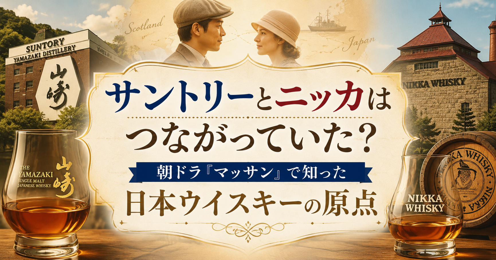 サントリーとニッカのつながりを日本ウイスキーの原点として表現したアイキャッチ画像