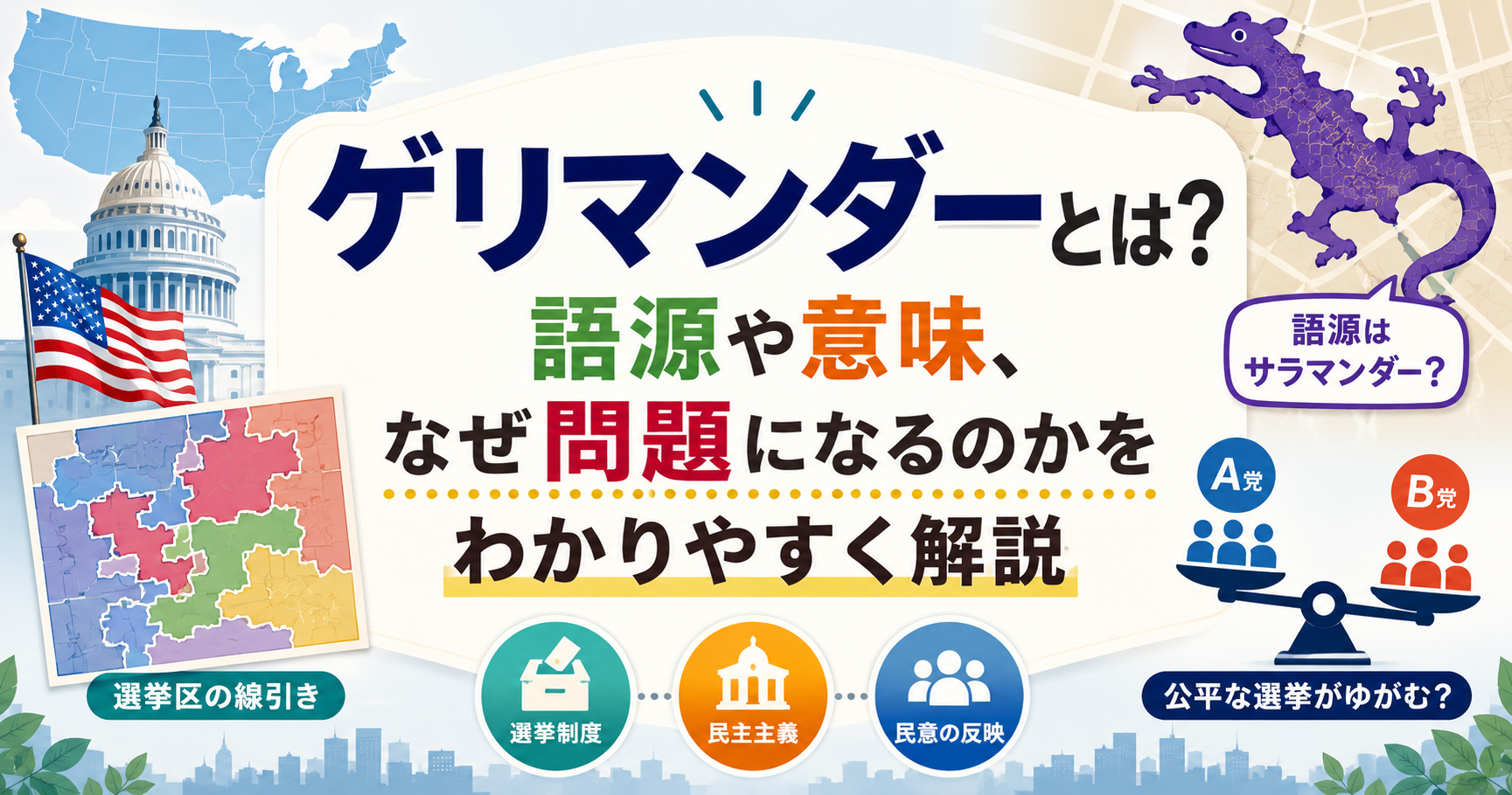 ゲリマンダーの意味や語源、選挙区の線引きが問題になる理由を、地図や投票箱のイラストでわかりやすく表現したアイキャッチ画像。