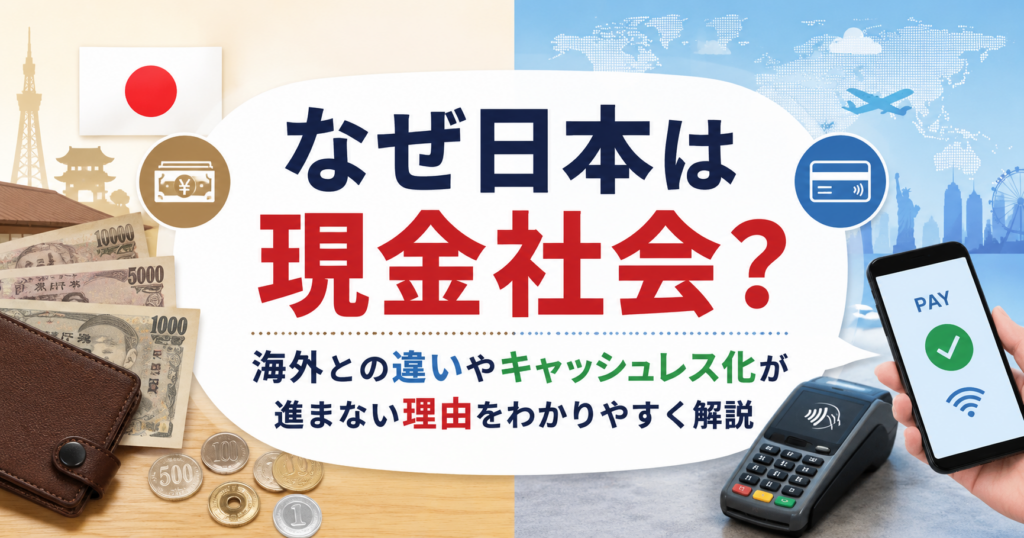 日本の現金文化とキャッシュレス決済をイメージした比較イラスト。紙幣や硬貨、スマホ決済のアイコンが描かれ、「なぜ日本は現金社会？」というテーマを表現した横長アイキャッチ画像。