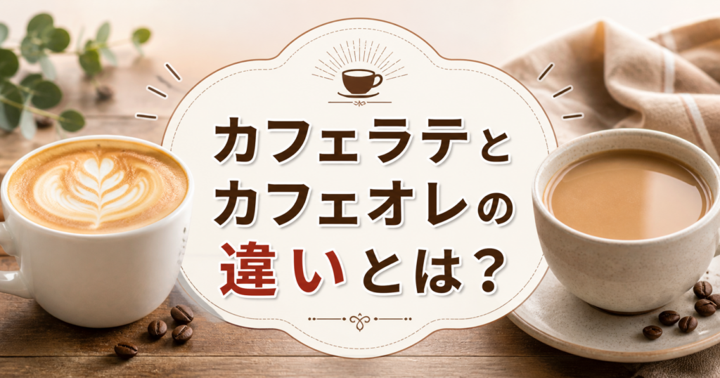 カフェラテとカフェオレの違いを説明する、2つのコーヒーカップが並んだアイキャッチ画像