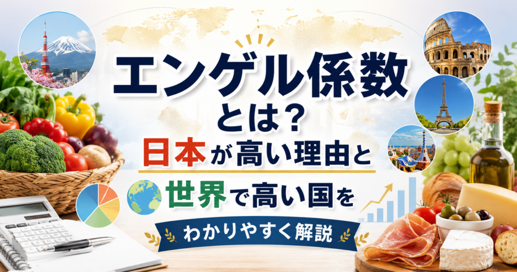 エンゲル係数をテーマに、日本と世界の食文化や食費事情をイメージしたアイキャッチ画像。
