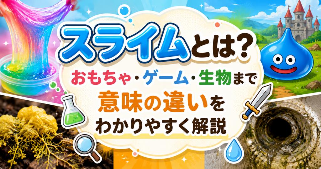 おもちゃのスライム、ゲームのスライム、生物の粘菌、配管のぬめりを並べて、スライムの意味の違いを紹介する解説記事のアイキャッチ画像