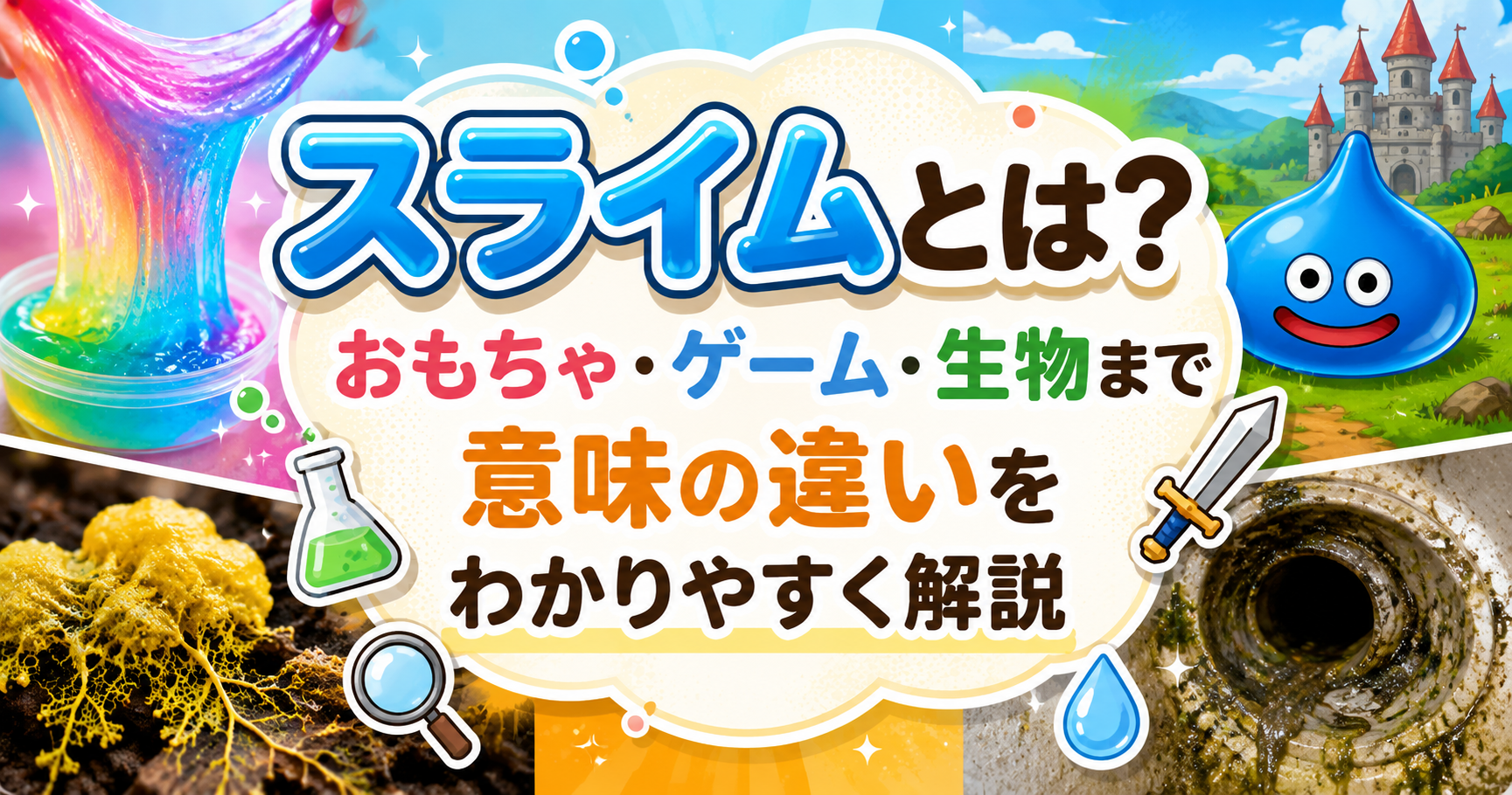 おもちゃのスライム、ゲームのスライム、生物の粘菌、配管のぬめりを並べて、スライムの意味の違いを紹介する解説記事のアイキャッチ画像