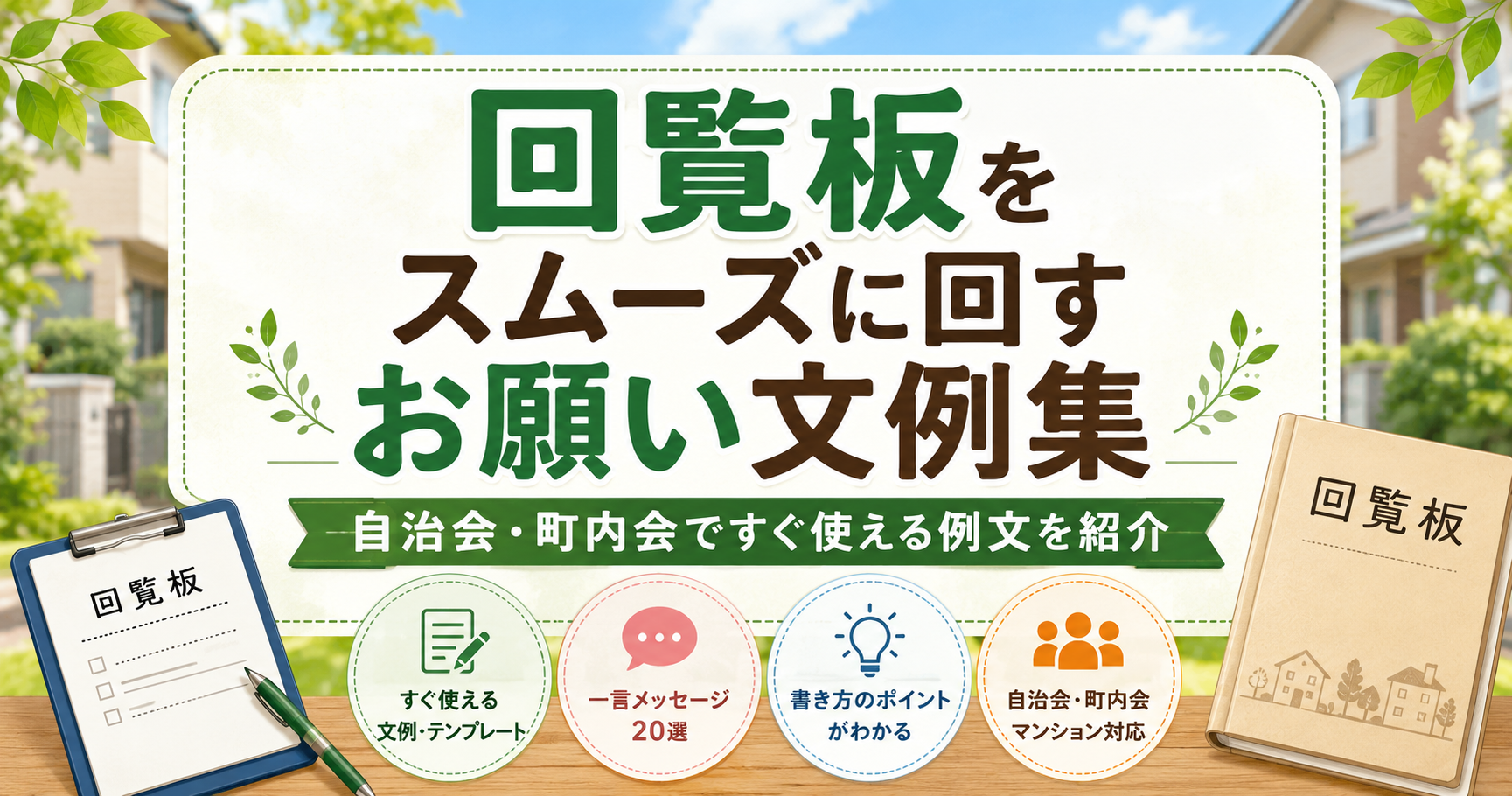回覧板をスムーズに回すお願い文例集のアイキャッチ画像。自治会や町内会で使える文例や一言メッセージを紹介する内容を表した横長バナー。