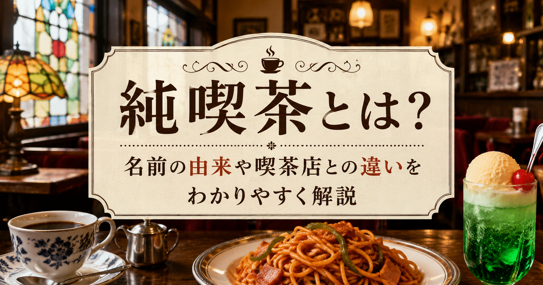 「純喫茶の店内をイメージしたレトロな空間で、コーヒーやナポリタン、クリームソーダとともに純喫茶の由来や喫茶店との違いを紹介するアイキャッチ画像」