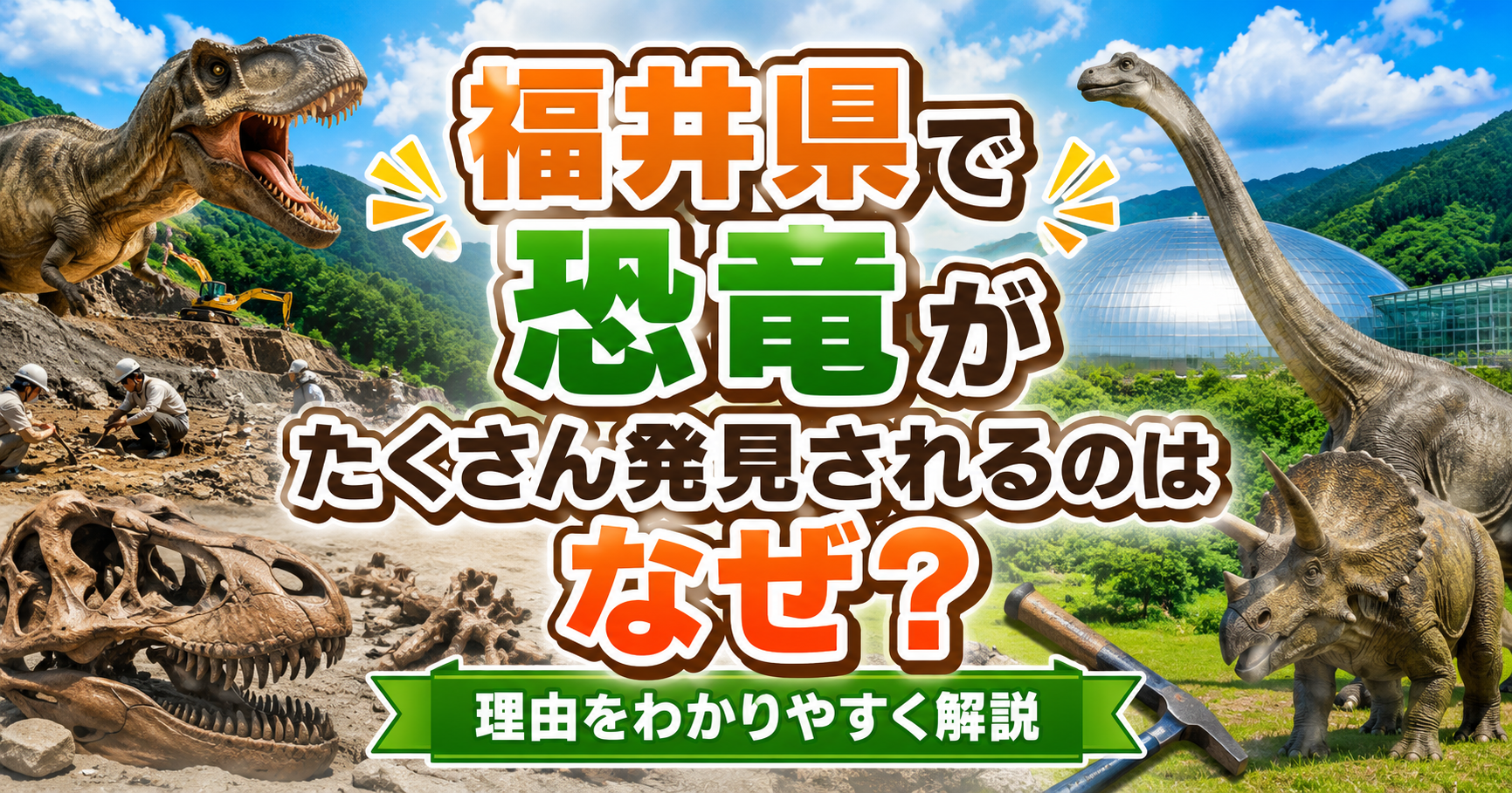 福井県立恐竜博物館を背景に、恐竜や化石発掘現場の様子を描いたイメージ。『福井県で恐竜がたくさん発見されるのはなぜ？理由をわかりやすく解説』というタイトルが中央に配置されたアイキャッチ画像。