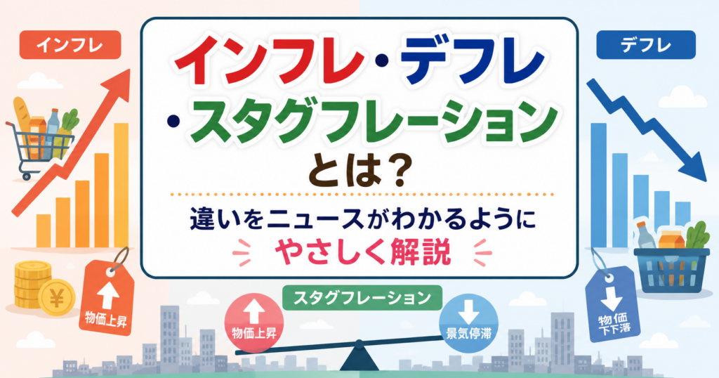 インフレ・デフレ・スタグフレーションの違いをニュース初心者向けにわかりやすく解説するアイキャッチ画像。物価上昇・物価下落・景気停滞をイラストで表現。
