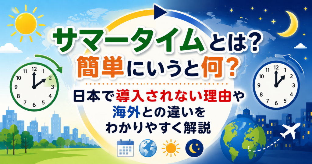 サマータイムの仕組みや日本で導入されない理由、海外との違いを時計や太陽、世界のランドマークのイラストでわかりやすく紹介したアイキャッチ画像