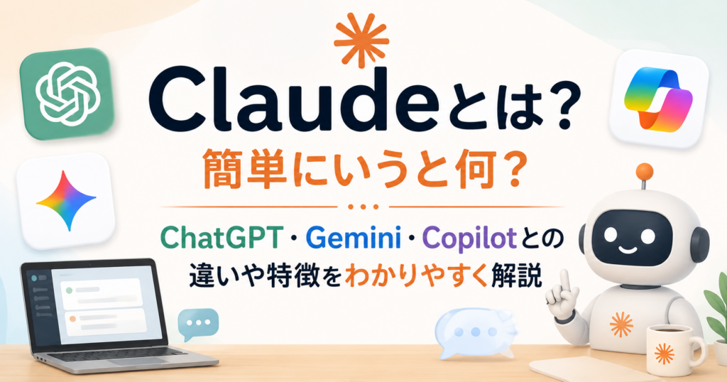 Claudeとは何かを初心者向けに解説し、ChatGPT・Gemini・Copilotとの違いや特徴を比較して紹介するアイキャッチ画像。
