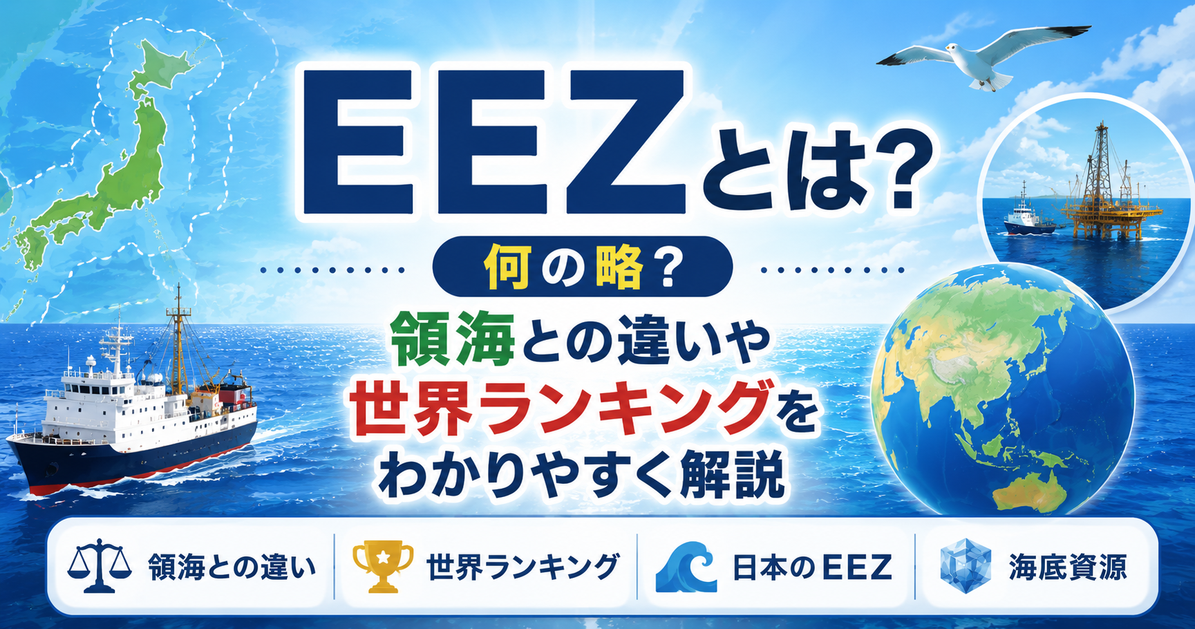 EEZ（排他的経済水域）の意味や何の略か、領海との違い、世界ランキング、日本のEEZの特徴を海・地球・船のイラストでわかりやすく紹介したアイキャッチ画像。