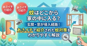 蚊はどこから家の中に入る？玄関・窓が侵入経路！あさイチで紹介された蚊対策をわかりやすく解説、の文字が中央に配置された、横長1200x630pxのアイキャッチ画像。