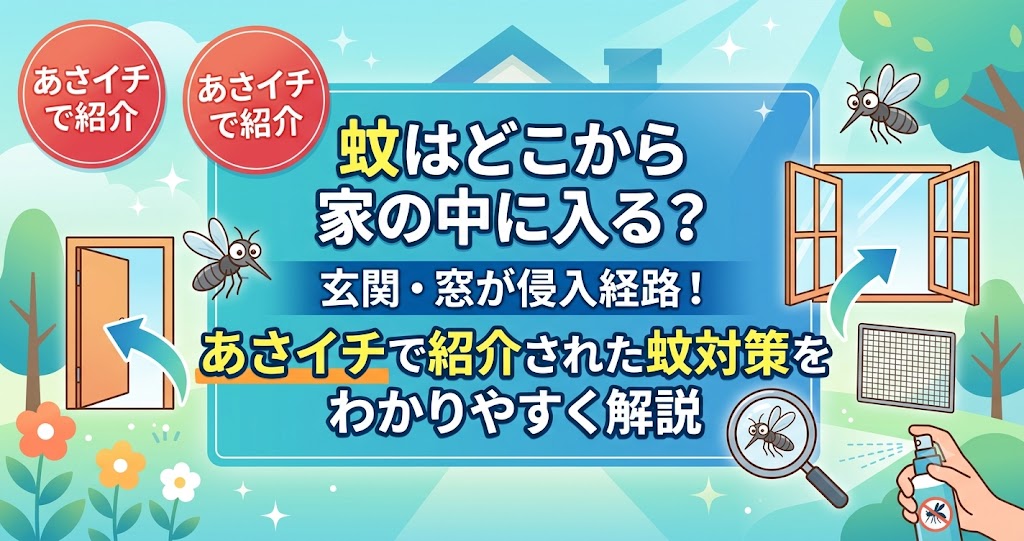 蚊はどこから家の中に入る？玄関・窓が侵入経路！あさイチで紹介された蚊対策をわかりやすく解説、の文字が中央に配置された、横長1200x630pxのアイキャッチ画像。