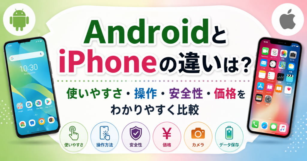 AndroidとiPhoneの違いを使いやすさ・操作・安全性・価格などの項目で比較したイメージ