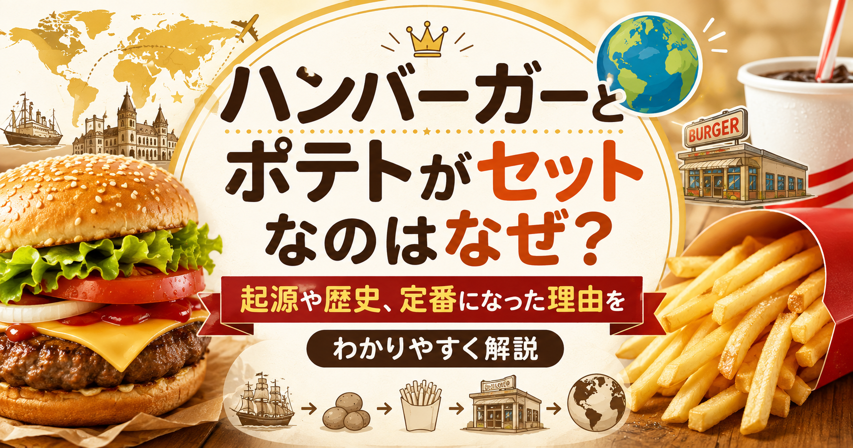 ハンバーガーとフライドポテトのセットが定番になった理由を、起源や歴史、アメリカのハンバーガーチェーンの発展とともにわかりやすく紹介したアイキャッチ画像