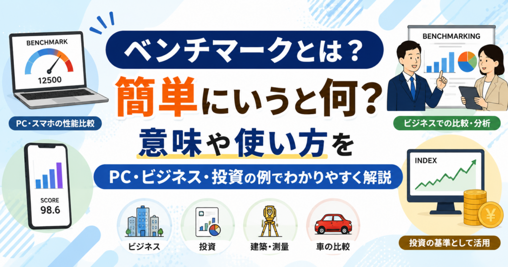 ベンチマークとは何か、意味や使い方をPC・スマホ・ビジネス・投資・建築・車の例で解説するイメージ画像