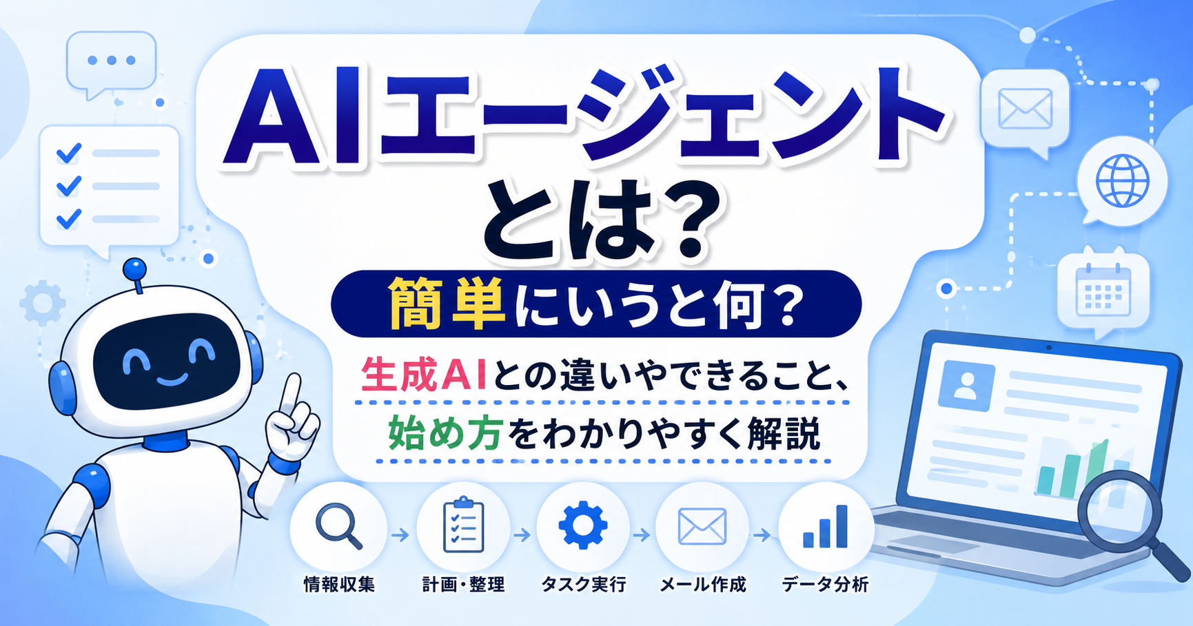 AIエージェントとは何かを初心者向けに解説するアイキャッチ画像。AIロボットやノートパソコン、情報収集・計画・タスク実行・メール作成・データ分析のアイコンを配置し、生成AIとの違いやできること、始め方をわかりやすく紹介しているイメージ。