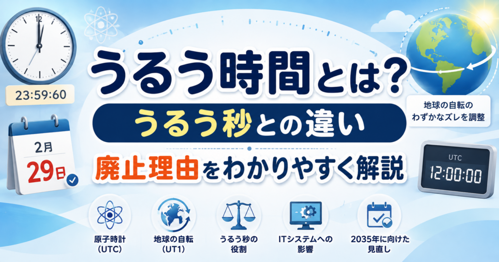 うるう時間とうるう秒の違い・廃止理由を解説するイメージ