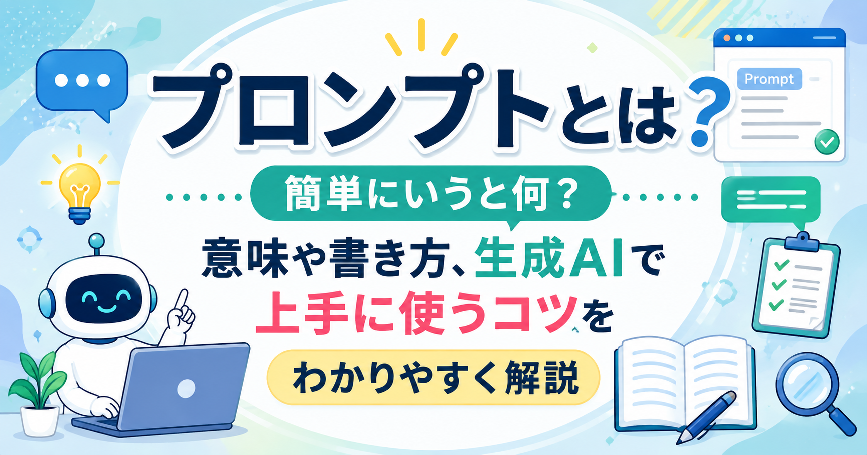 生成AIで使うプロンプトの意味や書き方、上手に使うコツを解説する記事のアイキャッチ画像。AIロボットやチャット画面のイラストとともに、「プロンプトとは？簡単にいうと何？意味や書き方、生成AIで上手に使うコツをわかりやすく解説」というタイトルが配置されている。