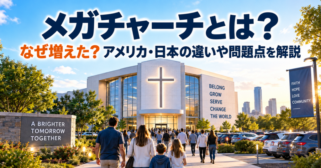 多くの人が集まる大規模な教会を背景に、メガチャーチの意味やアメリカ・日本の違い、問題点を解説するアイキャッチ画像