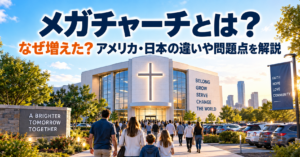 多くの人が集まる大規模な教会を背景に、メガチャーチの意味やアメリカ・日本の違い、問題点を解説するアイキャッチ画像