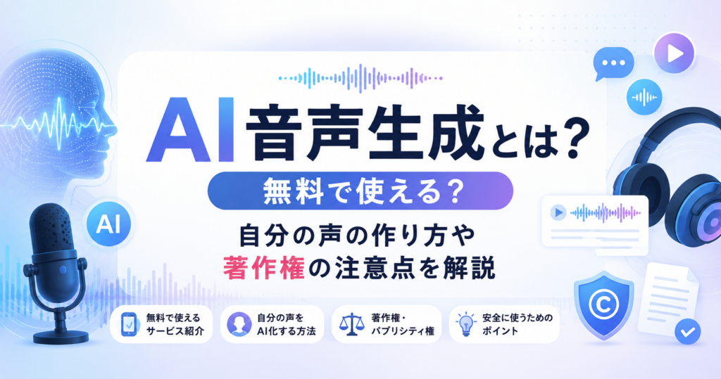 AI音声生成とは？無料で使えるサービスや自分の声の作り方、著作権の注意点を解説するイメージ