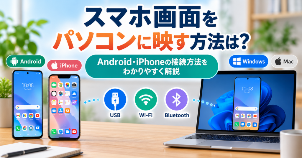 スマホ画面をパソコンに映す方法をAndroid・iPhone、USB・Wi-Fi・Bluetooth別に解説するイメージ