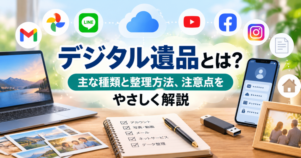 デジタル遺品の主な種類と整理方法、注意点をイメージした画像