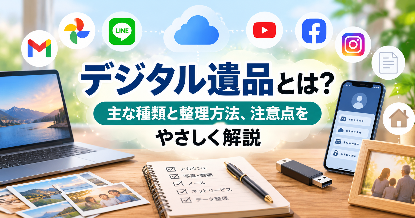 デジタル遺品の主な種類と整理方法、注意点をイメージした画像