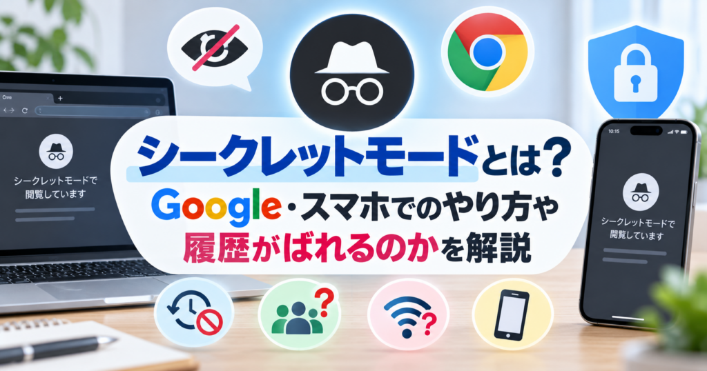 シークレットモードとは？Google・スマホでのやり方や履歴がばれるのかを解説」のアイキャッチ画像。パソコンとスマホ、シークレットモードをイメージしたアイコンを表示