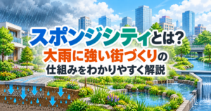 雨水を地面に浸透させるスポンジシティと大雨に強い街づくりの仕組みを表したイメージ